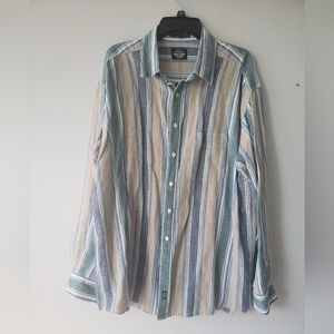 Dockers Mens Linen Blue Tan Green Striped Long Sleeve Button Down Shirt XL
